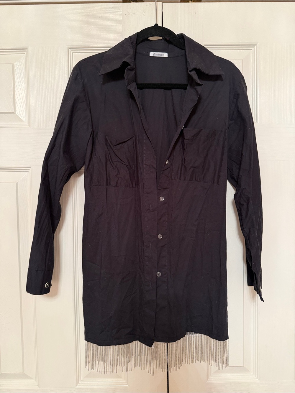 Black Long Button-Front Tunic Shirt with Fringe Hem